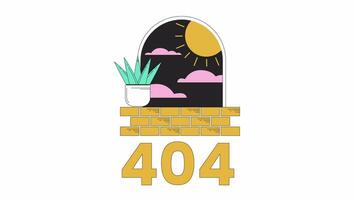 Surreal arch with plant on windowsill 404 error animation. Sun nighttime error message gif, motion graphic. Boho arc with clouds animated cartoon line concept 4K video isolated on white background