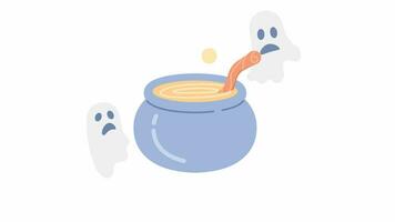 Cauldron with floating ghosts 2D animation. Boiling pot on Halloween, shadows of souls 4K video motion graphic. Magic cooking with haunted spirits color animated cartoon flat concept, white background