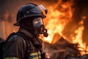 concentrado bombero con casco a acción con abrasador fuego a antecedentes generativo ai foto