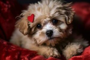 Cute little dog is hugging red heart generative ai photo