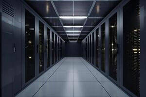 Corridor in server room of cybernetic data center photo