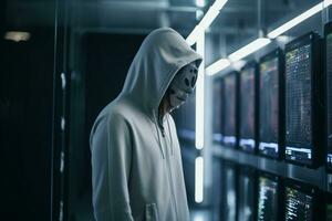Anonymous hacker with hood and mask inside of data center generative ai photo