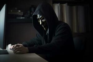 anónimo hacker con capucha y máscara sentado siguiente a computadora generativo ai foto