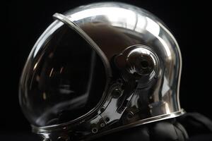 Astronaut helmet detail with glossy glass and reflections on metal surface photo