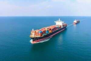grande transporte Embarcacion cargado con contenedores con bienes en el abierto mar generativo ai foto