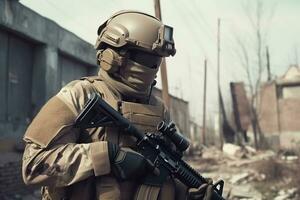 Armed soldier of the special forces patrol in the war zone generative ai photo