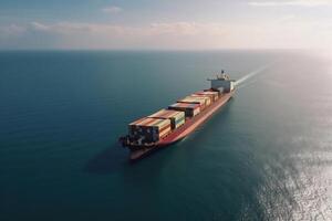 Big transport ship loaded with containers with goods on the open sea photo