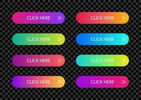 Different gradient colors and icons on white forms with shadows. Set of vector modern material style buttons.