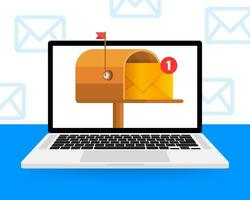 Mailbox with a letter inside in a flat style on a yellow background. Subscribe to our newsletter. Vector illustration.