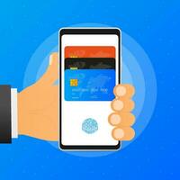 Hand holds phone with Contactless Payment Methods Mobile on blue background. Vector illustration.