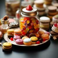 Candies in a glass jar on the table. Generative AI. photo