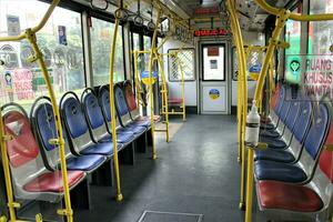 Jakarta, Indonesia-18 June 2023 Transjakarta bus seats with the theme of Transjakarta bus interiors photo