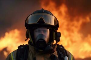 concentrado bombero con casco a acción con abrasador fuego a antecedentes generativo ai foto