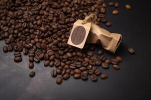Coffee beans on the table from above and empty label over top view photo