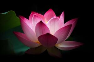 Beautiful pink lotus blosom closeup on dark background generative ai photo