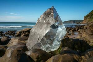 Big rocky crystal on the coastal line generative ai photo