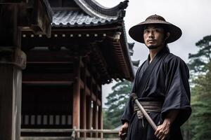 Armed Samurai standing in front of ancient japanese temple generative ai photo