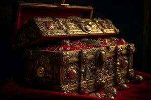 Amazing gold treasure in decorated red chest generative ai photo