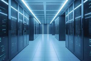 Corridor in server room of cybernetic data center photo