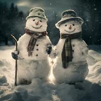 dos cubierto de nieve muñecos de nieve linda par de muñecos de nieve en el bosque. foto