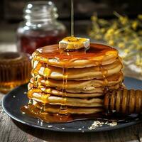 Honey dripping on the stack of pancakes for breakfast on the wooden table. photo