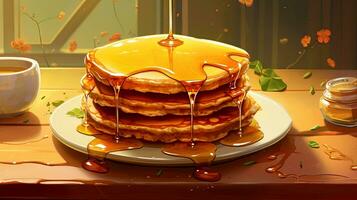 Appetizing pancakes with honey on a wooden table. Retro style. Plate with mouthwatering food. photo