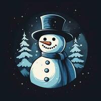 Snowman in a round frame. Snow man against the background of the night forest. photo