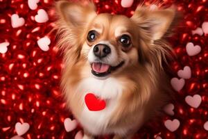 Cute little dog with lots of hearts around photo