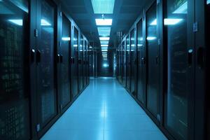 Corridor in server room of cybernetic data center photo