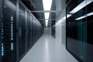 Corridor in server room of cybernetic data center photo