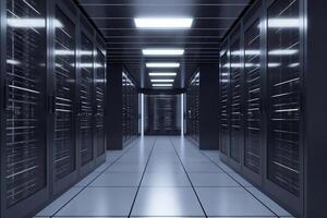 Corridor in server room of cybernetic data center photo