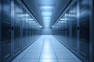Corridor in server room of cybernetic data center photo