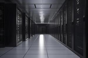 Corridor in server room of cybernetic data center photo
