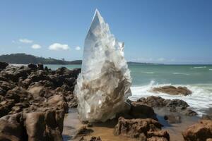 Big rocky crystal on the coastal line generative ai photo