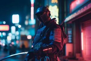 Armed samurai and street with blurred neon lights at night on background photo