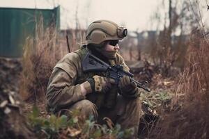 Armed soldier of the ground military forces explores the war zone photo