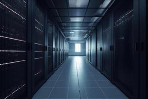Corridor in server room of cybernetic data center photo