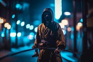 Armed samurai and street with blurred neon lights at night on background photo
