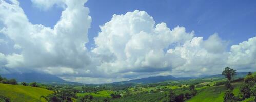 Clouds in the sky and green tree mountains photo