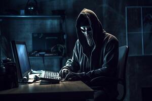 Anonymous skeleton hacker with hood sitting next to computer photo