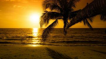 silueta de palmeras hermosa puesta de sol en el fondo de la playa del mar tropical para viajar en tiempo de relajación de vacaciones, foto