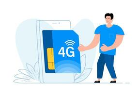 un hombre soportes cerca el teléfono inteligente, en el pantalla 4g sim tarjeta. móvil telecomunicaciones tecnología. vector