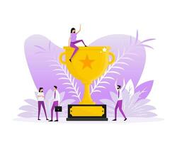 Success award people in flat style on gold background. Champion trophy, gold cup. Flat illustration. vector