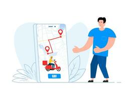 Delivery app on a smartphone tracking a delivery man on a moped. Delivery and online shopping. vector