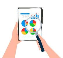 Business report document. Statistics, analytics. Hand holding a magnifying glass. Charts graphs on a paper vector