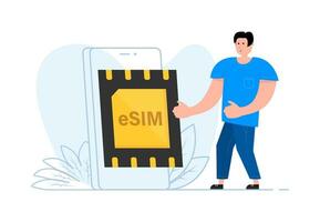 A man stands near the smartphone, on the screen eSim chip. Embedded SIM. Vector stock illustration.