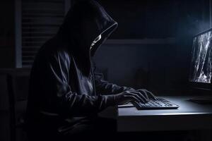 Anonymous skeleton hacker with hood sitting next to computer photo