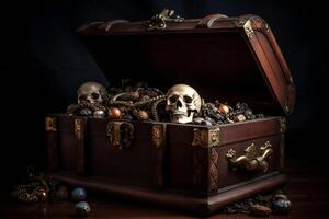 Chest with treasure and skulls on dark background photo