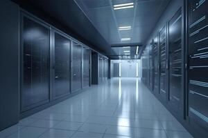 Corridor in server room of cybernetic data center photo