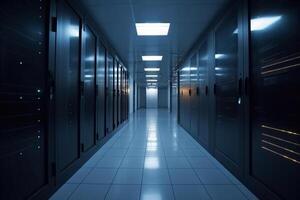 Corridor in server room of cybernetic data center photo